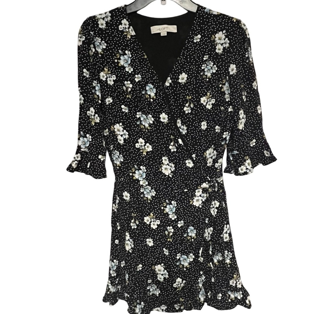 LOFT Wrap Romper‎ Mini Dress Black Floral Polka Dot Women's Size 4